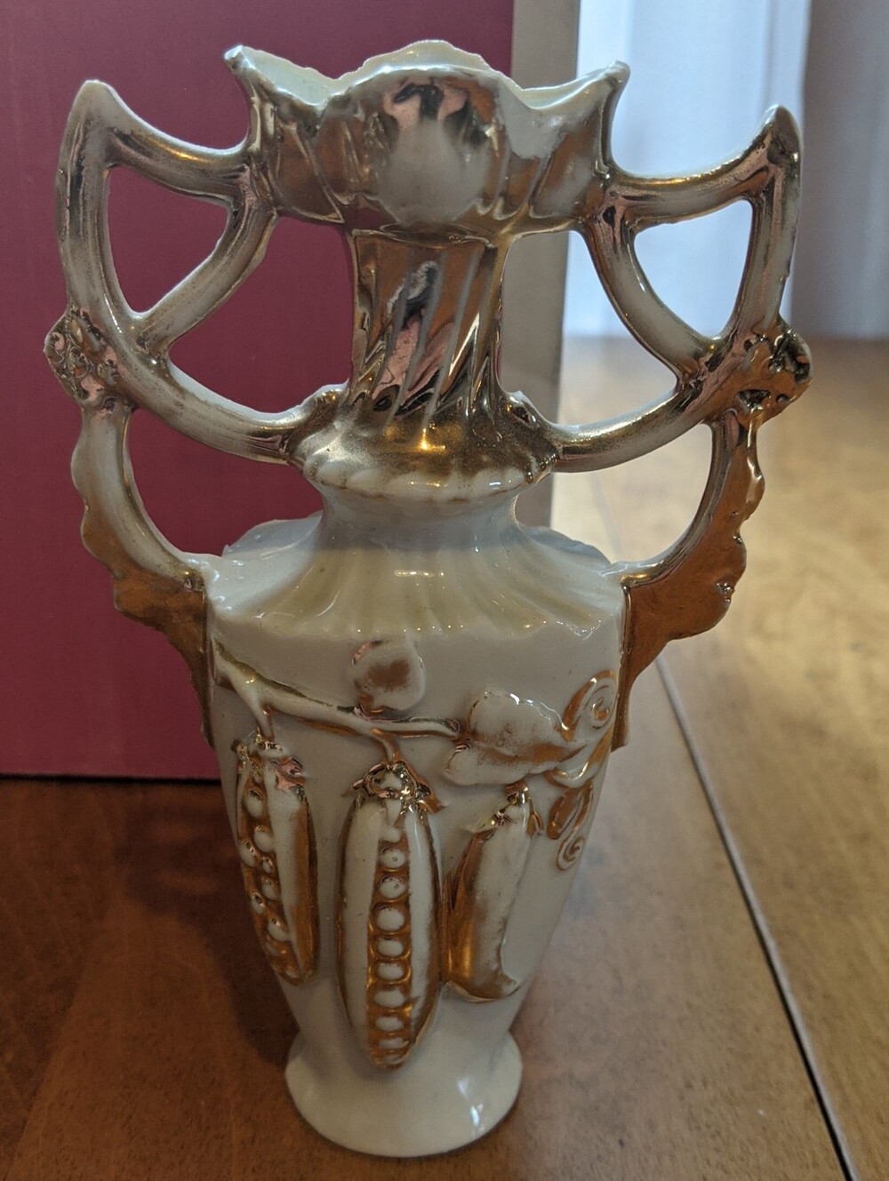 Vintage Gold and Cream Decorative Ceramic Vase with Ornate Handles
